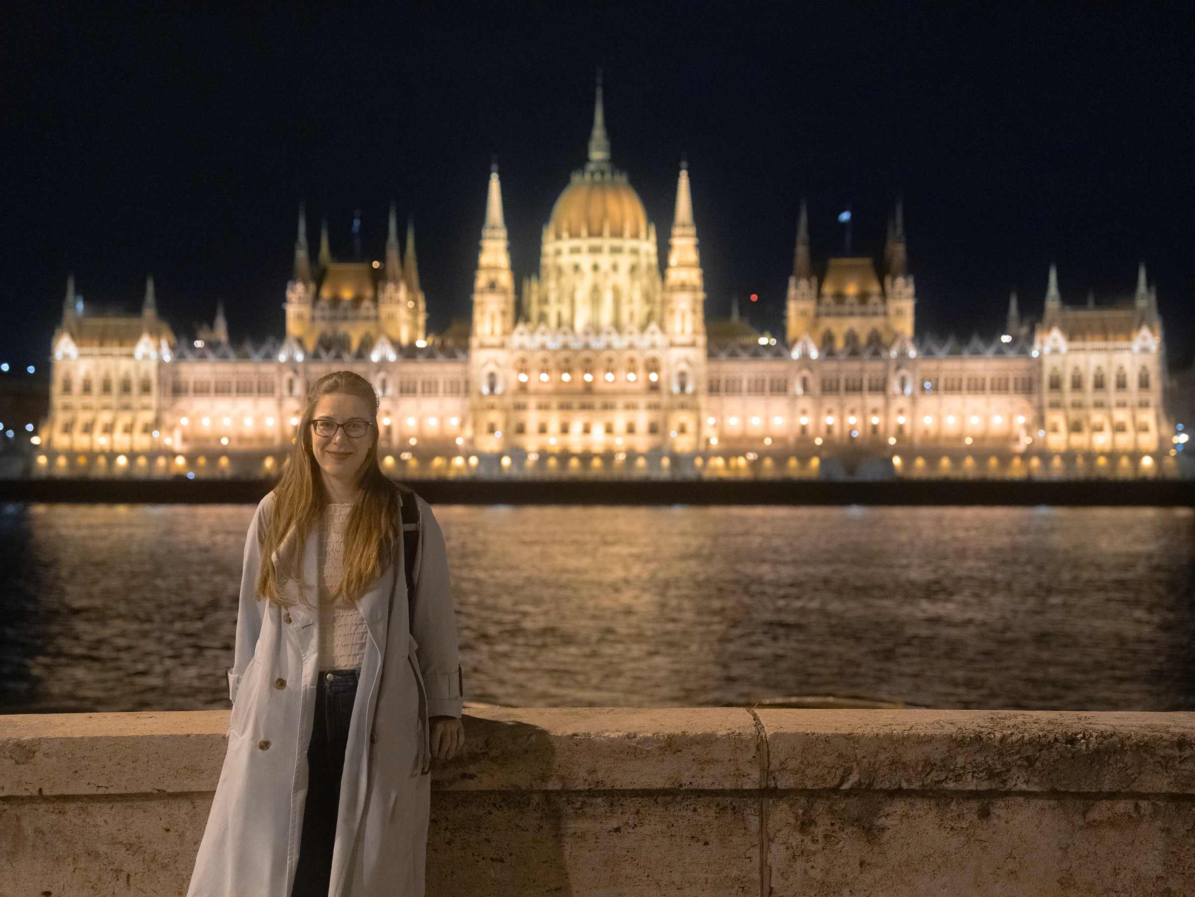Friends photographed together in Budapest at night